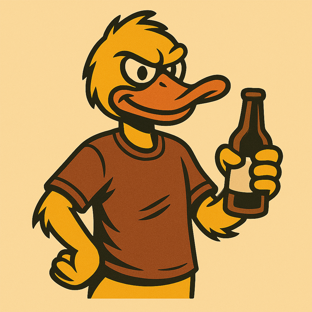 Fumduck holding a beer